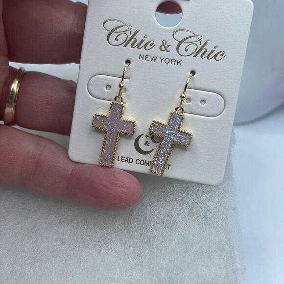 NWT Chic & Chic shimmering druzy quartz cross in opal pink earrings. - Picture 3 of 7